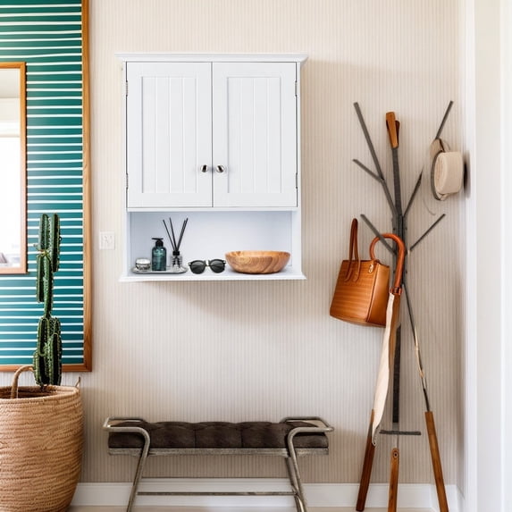 GVN Wall Mount Bathroom Cabinet Storage Organizer with Doors and Shelves-White, Bathroom Shelves Over Toilet for Bathroom Laundry Room Kitchen