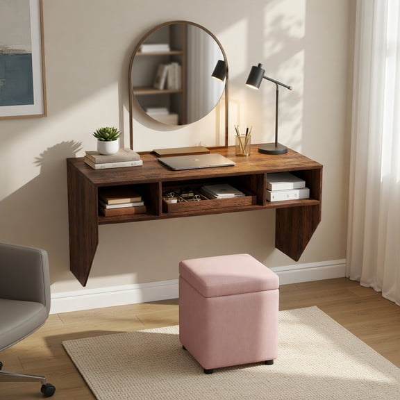 GVN Wall Mounted Floating Desk Computer Laptop Table with 3 Storage Compartments for Home Office Study Bedroom Furniture, Rustic Brown