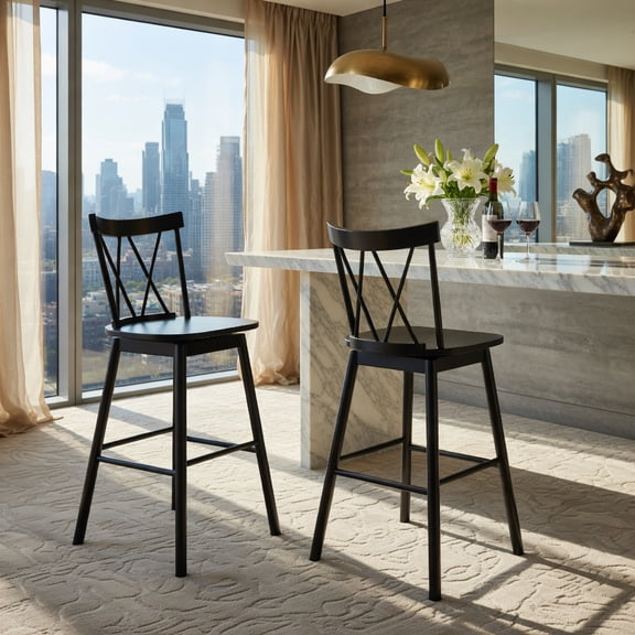 GVN Windsor Bar Stool Set of 2 with Ergonomic Backrest, Footrests and 29 Inch Height for Bar Counter, Kitchen Island, Traditional Dining Seating, Black
