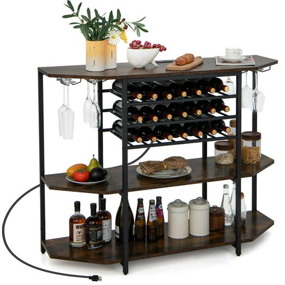 GVN Wine Bar Cabinet,Coffee Bar Cabinet,3-Tier Wine Bar Cabinet with Storage Shelves-Brown
