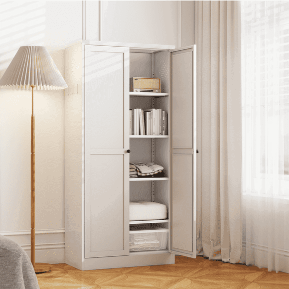 GVN Wine Bar Cabinet,Coffee Bar Cabinet,61" White Metal Kitchen Pantry Cabinet with 4 Shelves, Freestanding Pantry Organizer for Kitchen, Pantry