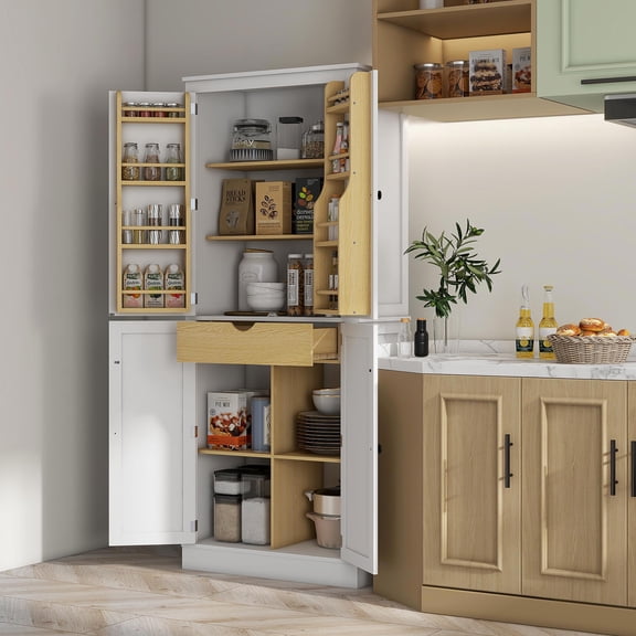 GVN Wine Bar Cabinet,Coffee Bar Cabinet,72" Kitchen Pantry Storage Cabinet, Modern Tall Kitchen Cabinet with 5-tier Storage Shelving, 8 Spice Racks, Drawer