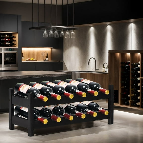 GVN Wine Storage Shelf, Wine Rack,2-Tier 12 Bottles Bamboo Storage Shelf Wine Rack-Brown