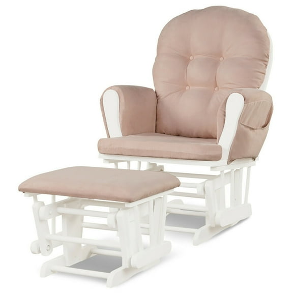 GVN Wood Glider and Ottoman Set with Padded Armrests and Detachable Cushion-Pink