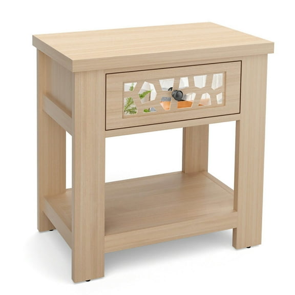 GVN Wood Retro End Table with Mirrored Glass Drawer and Open Storage Shelf-Natural