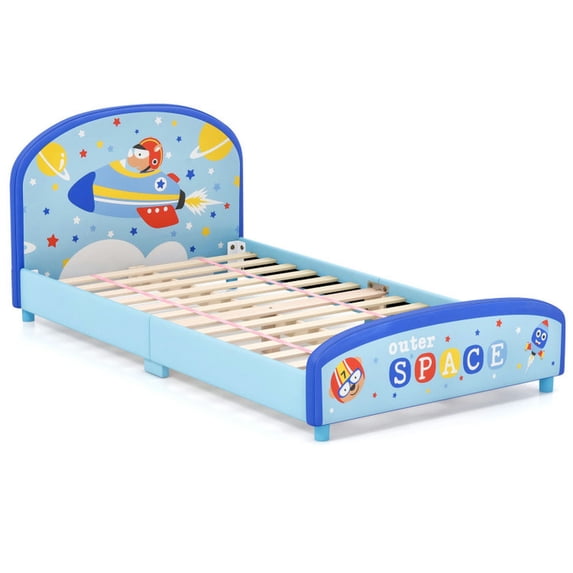 GVN Wood Upholstered Twin Bed Platform with Slat Support-Blue, Baby Bed for Sleeping and Sleepovers