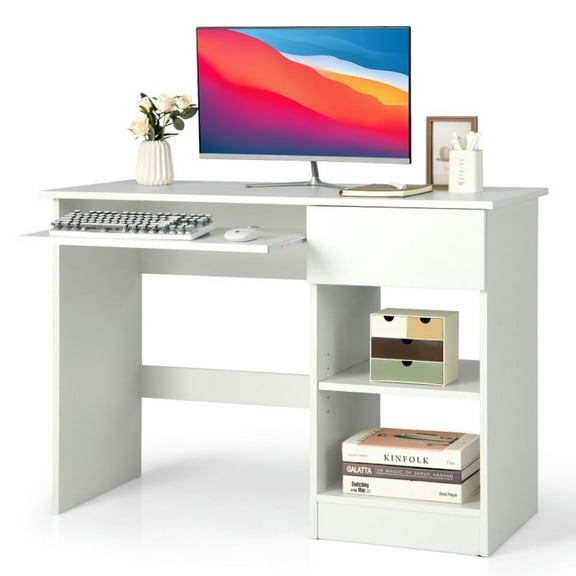 GVN Wooden Computer Desk with CPU Stand-White, Desk for Bedroom, Gaming Computer Desks for Study,Working,Writing