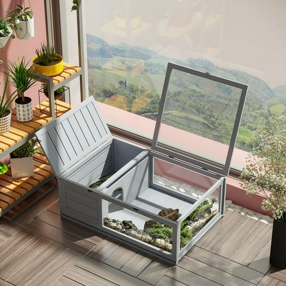 GVN Wooden Reptile Cage with 3 Windows Slide-out Tray for Turtles, Lizards, Snakes