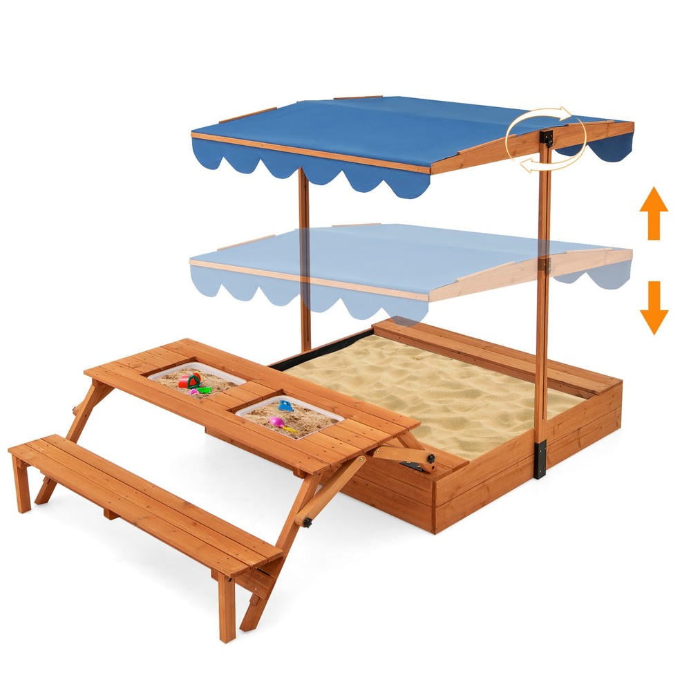 GVN Wooden Sandox for Kids with Foldable Picnic Sensory Table and Bench ...