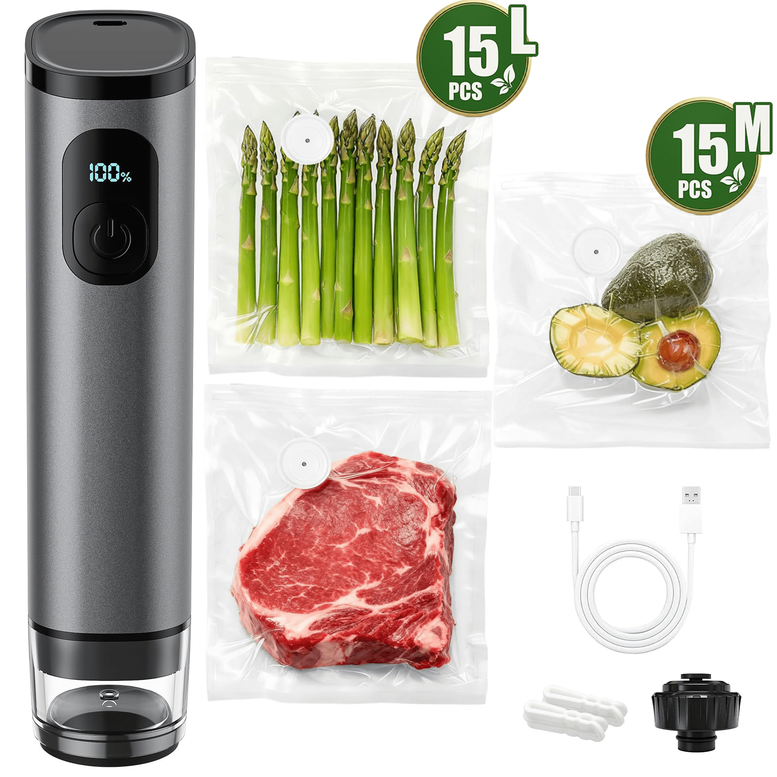 TOCOKEID Metal Handheld Vacuum Sealer, 60kPa Portable Food Sealer with Detachable Tank, 30 Bags & 2 Clips for Kitchen, Camping, Travel Storage，gray
