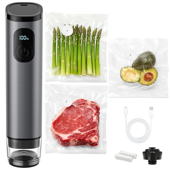 TOCOKEID Metal Handheld Vacuum Sealer, 60kPa Portable Food Sealer with Detachable Tank, 30 Bags & 2 Clips for Kitchen, Camping, Travel Storage，gray