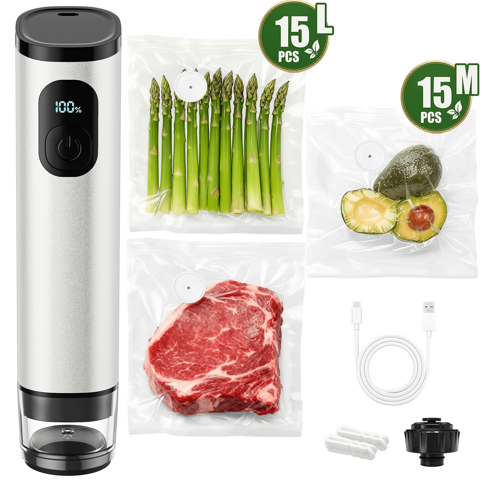 TOCOKEID Metal Handheld Vacuum Sealer, 60kPa Portable Food Sealer with Detachable Tank, 30 Bags & 2 Clips for Kitchen, Camping, Travel Storage