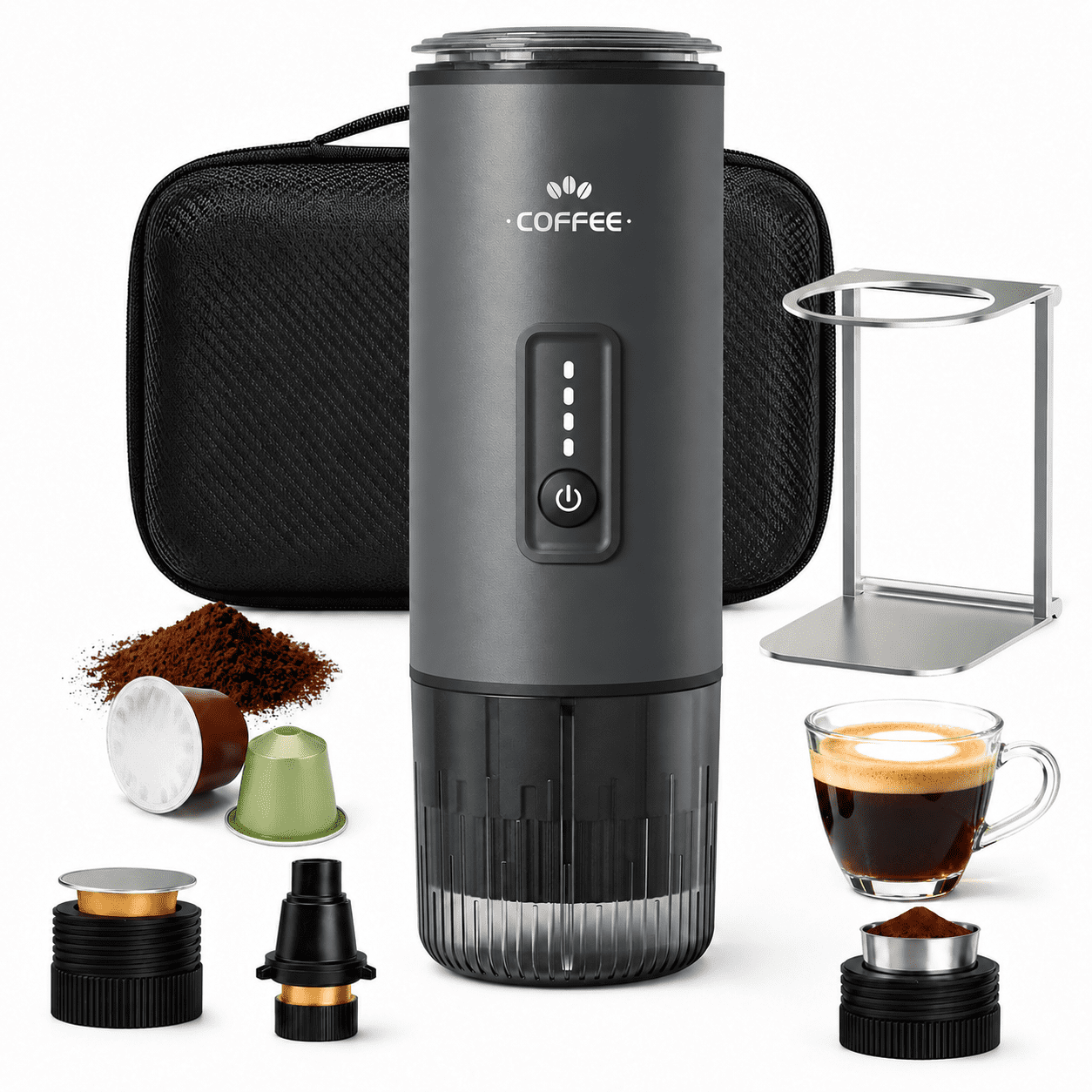 GVODE Portable Espresso Machine, Self-Heating 3-in-1 Portable Coffee Maker, 20 Bar Electric Travel Espresso Maker for Capsules & Ground Coffee, Gray