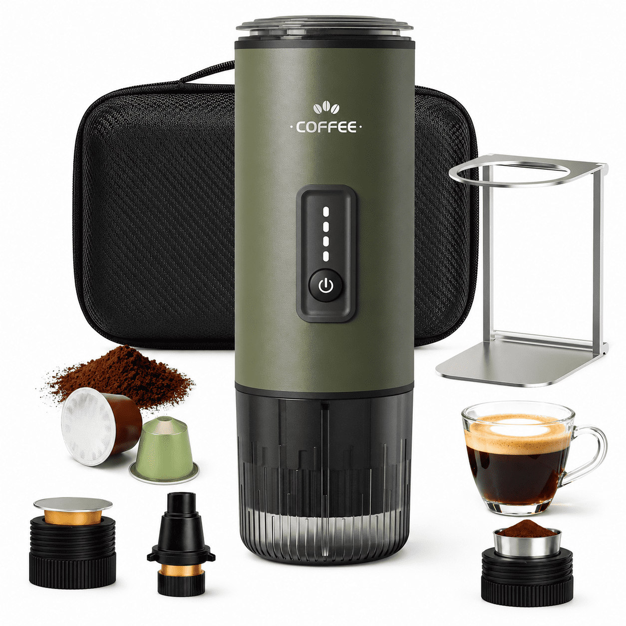 GVODE Portable Espresso Machine, Self-Heating 3-in-1 Portable Coffee Maker, 20 Bar Electric Travel Espresso Maker for Capsules & Ground Coffee, Green