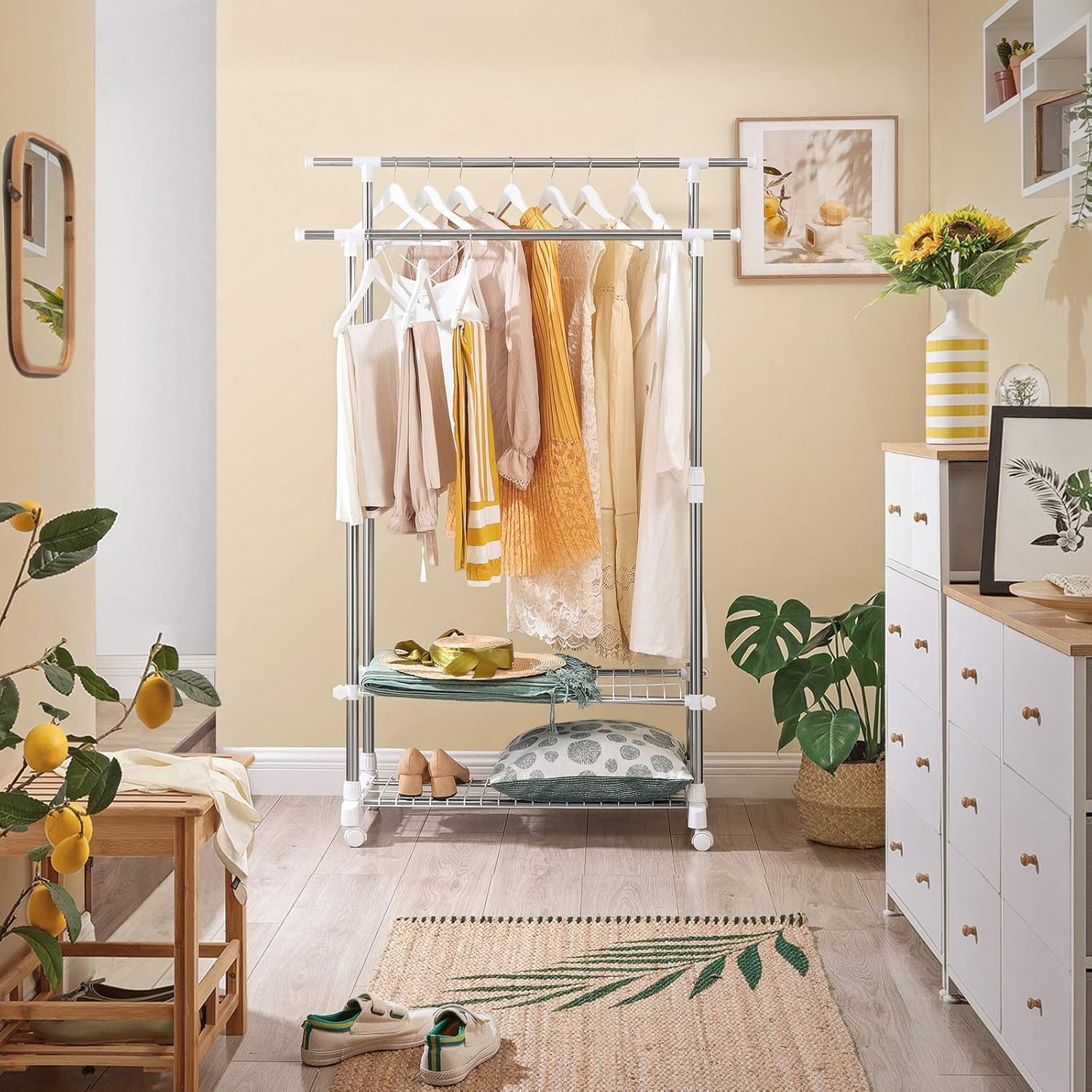 GVUIHNIO Clothes Rails Double Hanging Rails with 2-Tier Shelves ...