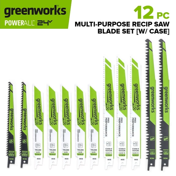 Greenworks 12PC Multi-Purpose Reciprocating Saw Blade Set with Carrying Case, PA53301A1