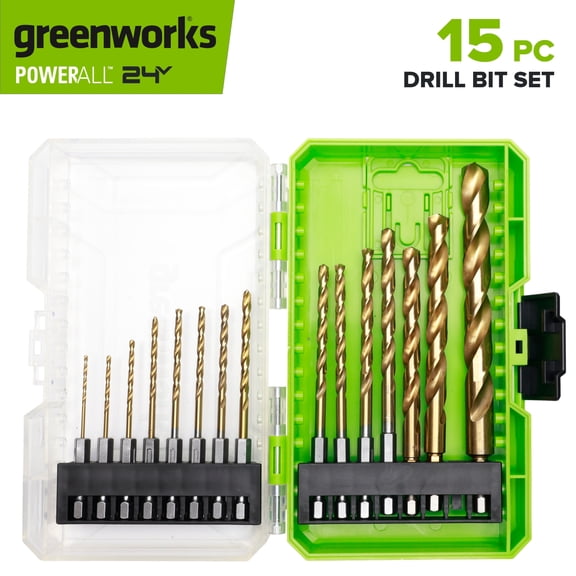 Greenworks 15-Piece Titanium Drill Bit Set for Metal, Wood, PVC or more, Impact-Rated, 135 Split Point