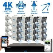 GW 16 Channel 4K NVR 8MP 3840x2160 H.265+ Starvis Starlight Smart AI Security Camera System - 16 x UltraHD 4K Human Detection PoE IP Bullet Camera - 8MP Two Times The Resolution of 4MP HD