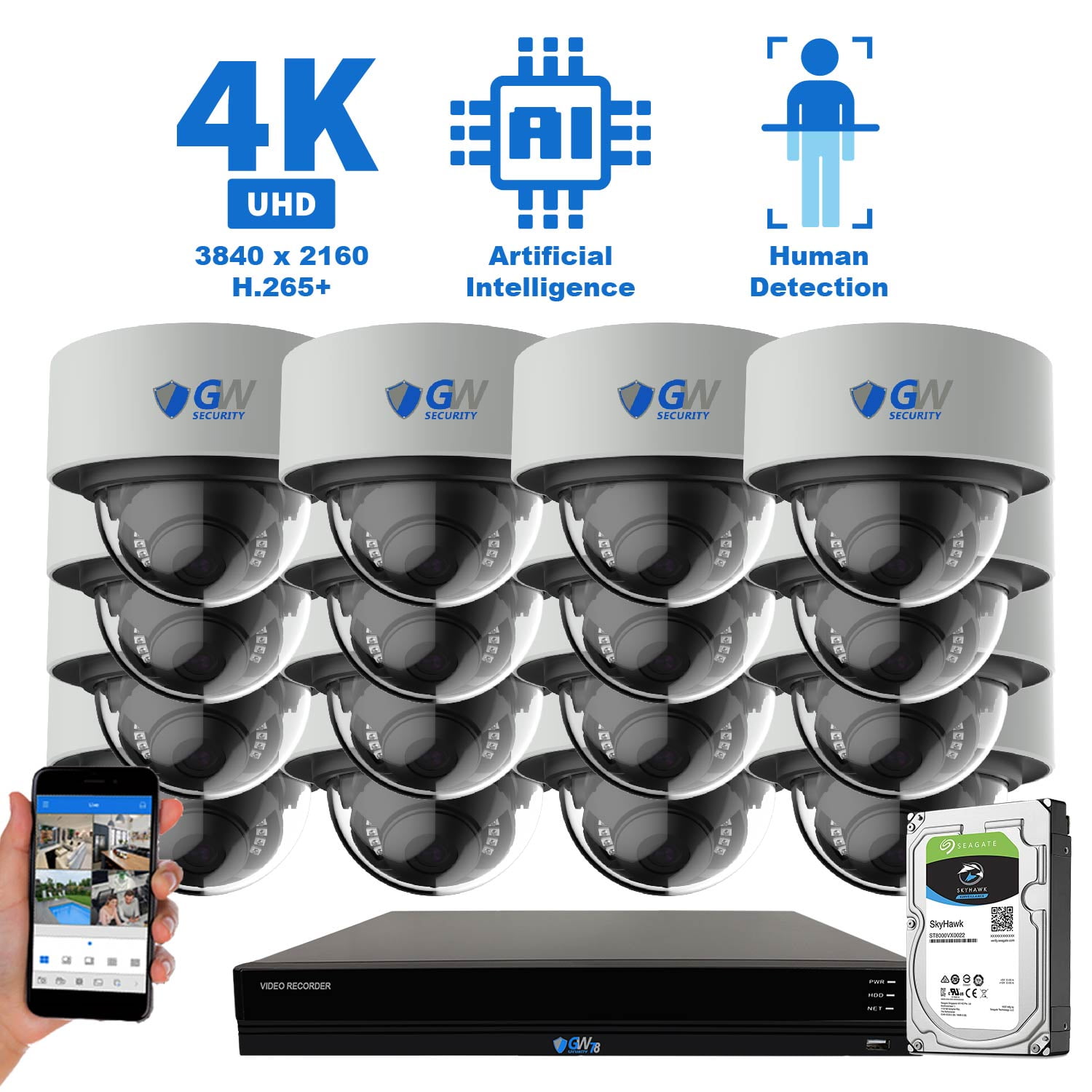 GW 16 Channel 4K NVR 8MP (3840x2160) H.265+ Starvis Starlight Smart AI Security Camera System - 16 x UltraHD 4K Human Detection PoE IP Dome Camera - 8MP (Two Times The Resolution of 4MP HD)