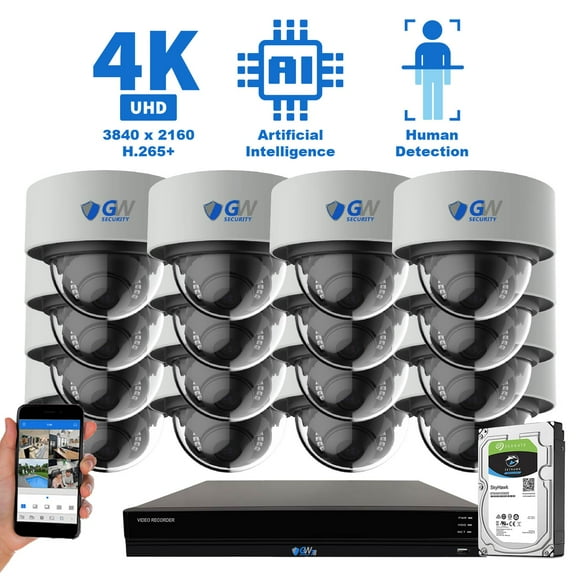 GW 16 Channel 4K NVR 8MP (3840x2160) H.265+ Starvis Starlight Smart AI Security Camera System - 16 x UltraHD 4K Human Detection PoE IP Dome Camera - 8MP (Two Times The Resolution of 4MP HD)