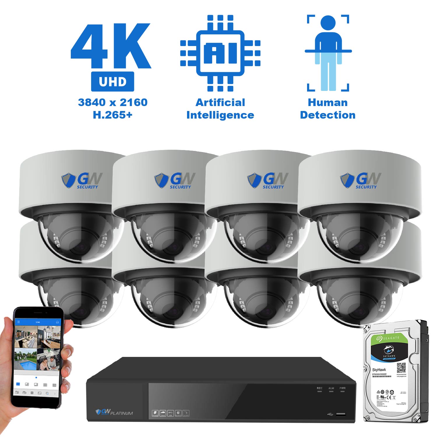 GW 16 Channel 4K NVR 8MP (3840x2160) H.265+ Video & Audio Starlight Smart AI Security Camera System - 8 x UltraHD 4K Human Detection PoE IP Dome Camera - 8MP (Two Times The Resolution of 4MP HD) - image 1 of 12