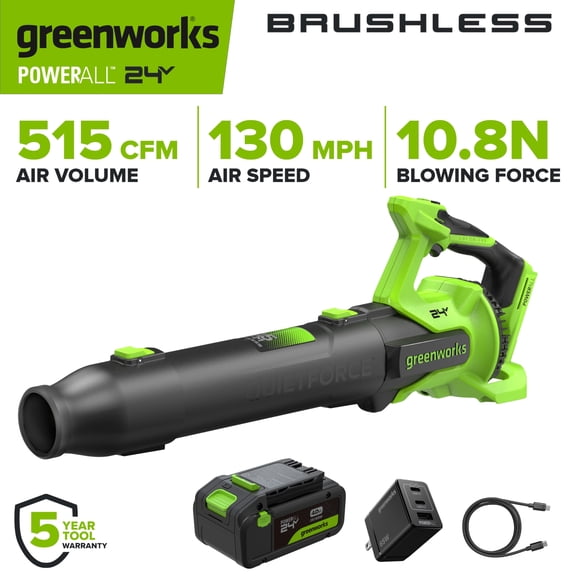 Greenworks PowerAll 24V Leaf Blower, 515 CFM, with 4.0 Ah USB-C Battery and Charger