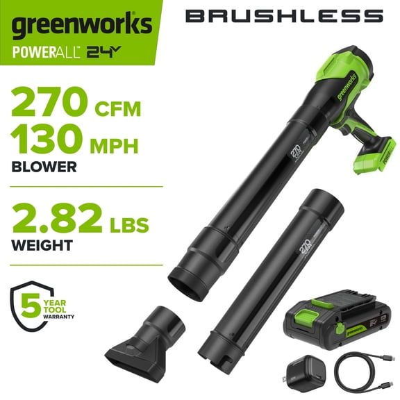 Greenworks 24V 270 CFM Pistol Grip Blower with (1) 3.0 Ah Battery and Charger, BL1032HA1