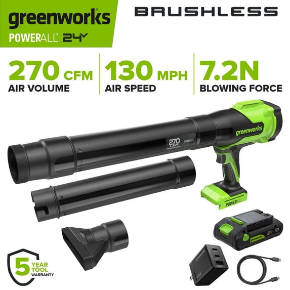 Greenworks PowerAll 24V, Brushless 270CFM Blower, 3Ah Battery, 65W Charger and Cable, BL1032HA1