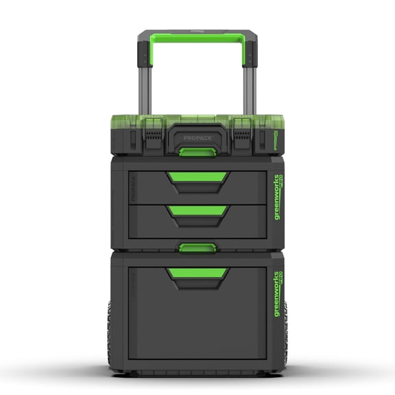 Greenworks Pro Stack 3-Tier Modular Tool Storage System Heavy-Duty Rolling Stackable Organizer with Locking Latches & Durable Jobsite Storage