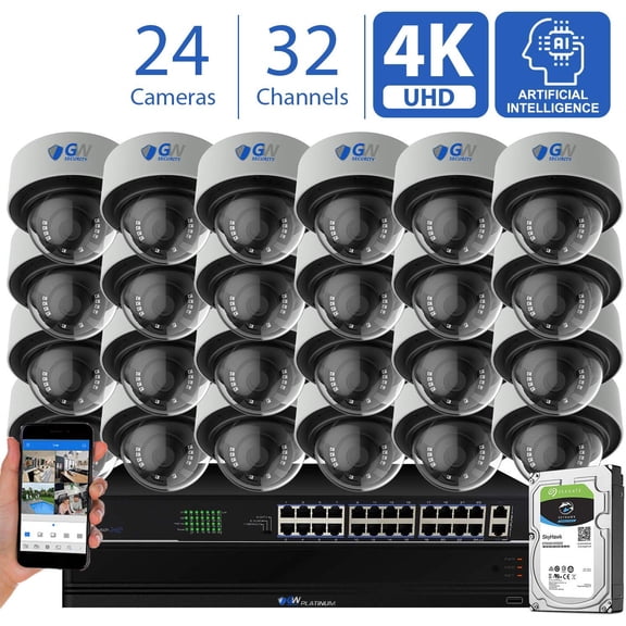 GW 32 Channel 4K NVR 8MP (3840x2160) H.265+ Sony Starvis Starlight Smart AI Security Camera System - 24 x UltraHD 4K Human Detection PoE IP Dome Camera - 8MP (Two Times The Resolution of 4MP HD)
