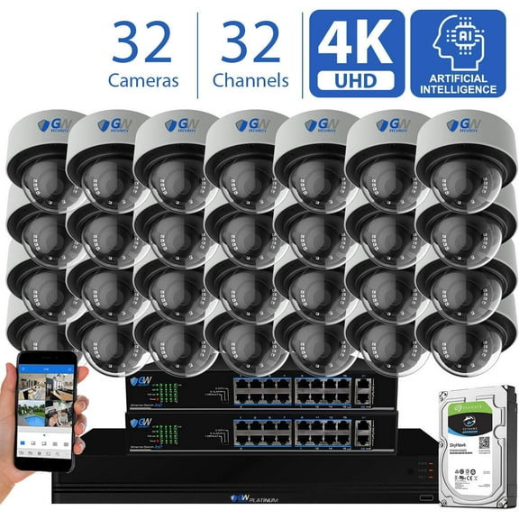 GW 32 Channel 4K NVR 8MP H.265+ Starlight Color Night Vision Smart AI Security Camera System - 32 x UltraHD 4K Human Detection PoE IP Dome Camera - 8MP (Two Times The Resolution of 4MP HD), 16TB HDD