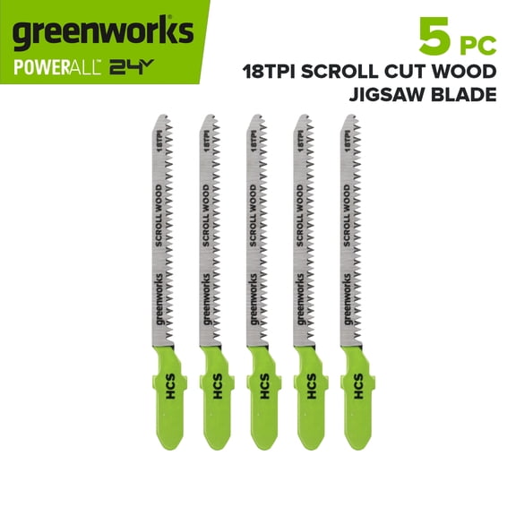 Greenworks 5PC 3" Scroll Cut Wood Jigsaw Blades, Carbon Steel, with 18 Teeth-Per-Inch, PA53201A1