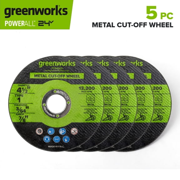 Greenworks 5-Pack of 4-1/2" Metal Cutting Wheels, for Use With Angle Grinder, PT54305A1