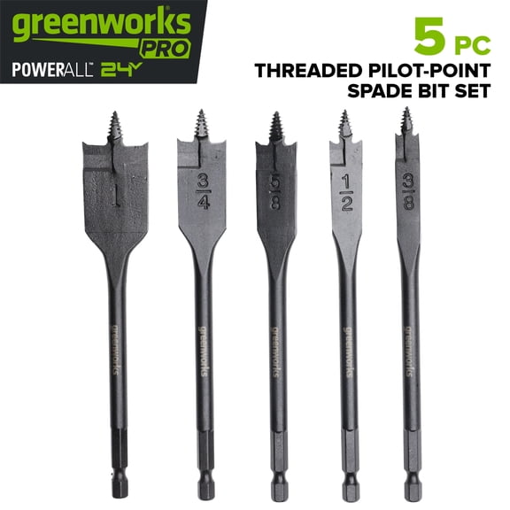 Greenworks Pro 5PC Threaded Pilot-Point Spade Bit Set, High Carbon Steel, for Use With Drill or Impact Driver, PA52302A1