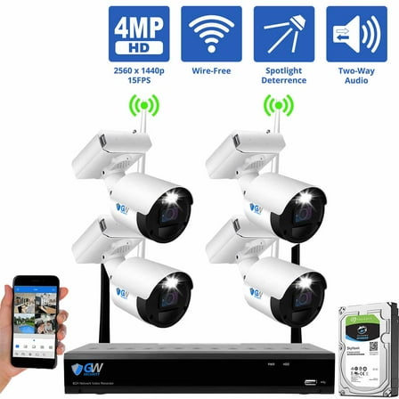 GW 8 Channel Wireless HD 1440P Home Security Camera System, 8ch WIFI NVR with 4 x 4MP Two-Way Audio Security Cameras, 180-Day Battery Life, Spotlight Color Night Vision, Outdoor Indoor, No Monthly Fee