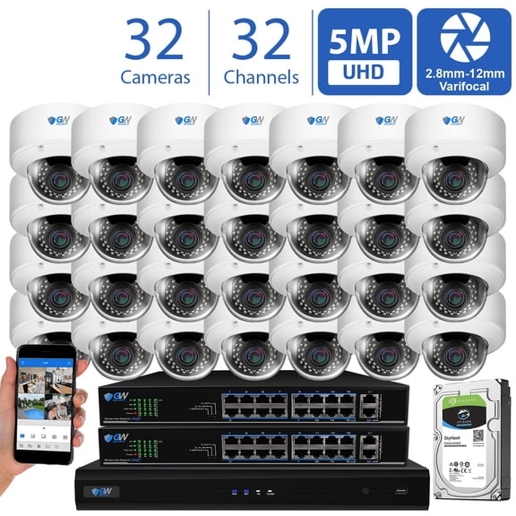 GW High End 32 Channel Ultra 4K NVR H.265 5 Megapixel IP PoE Security Camera System - 32 x 5MP Super HD 1920p Weatherproof 2.8-12mm Lens Dome Camera, 8TB HDD