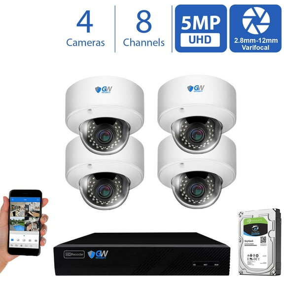 GW High End 8 Channel Ultra 4K NVR H.265 5 Megapixel IP PoE Security Camera System - 4 x 5MP Super HD 1920p Weatherproof 2.8-12mm Lens Dome Camera, 2TB HDD