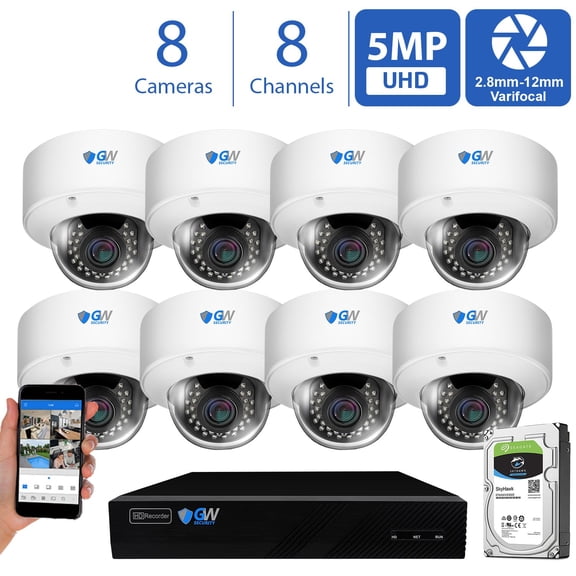 GW High End 8 Channel Ultra 4K NVR H.265 5 Megapixel IP PoE Security Camera System - 8 x 5MP Super HD 1920p Weatherproof 2.8-12mm Lens Dome Camera, 3TB HDD