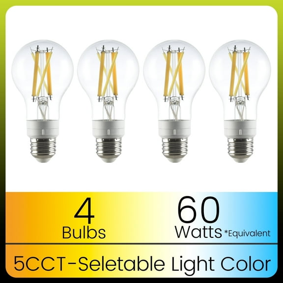 Green Watt 5-CCT A19 LED Bulbs, 7-Watt (60W Equivalent) E26 Medium Base, Dimmable (4-Pack)