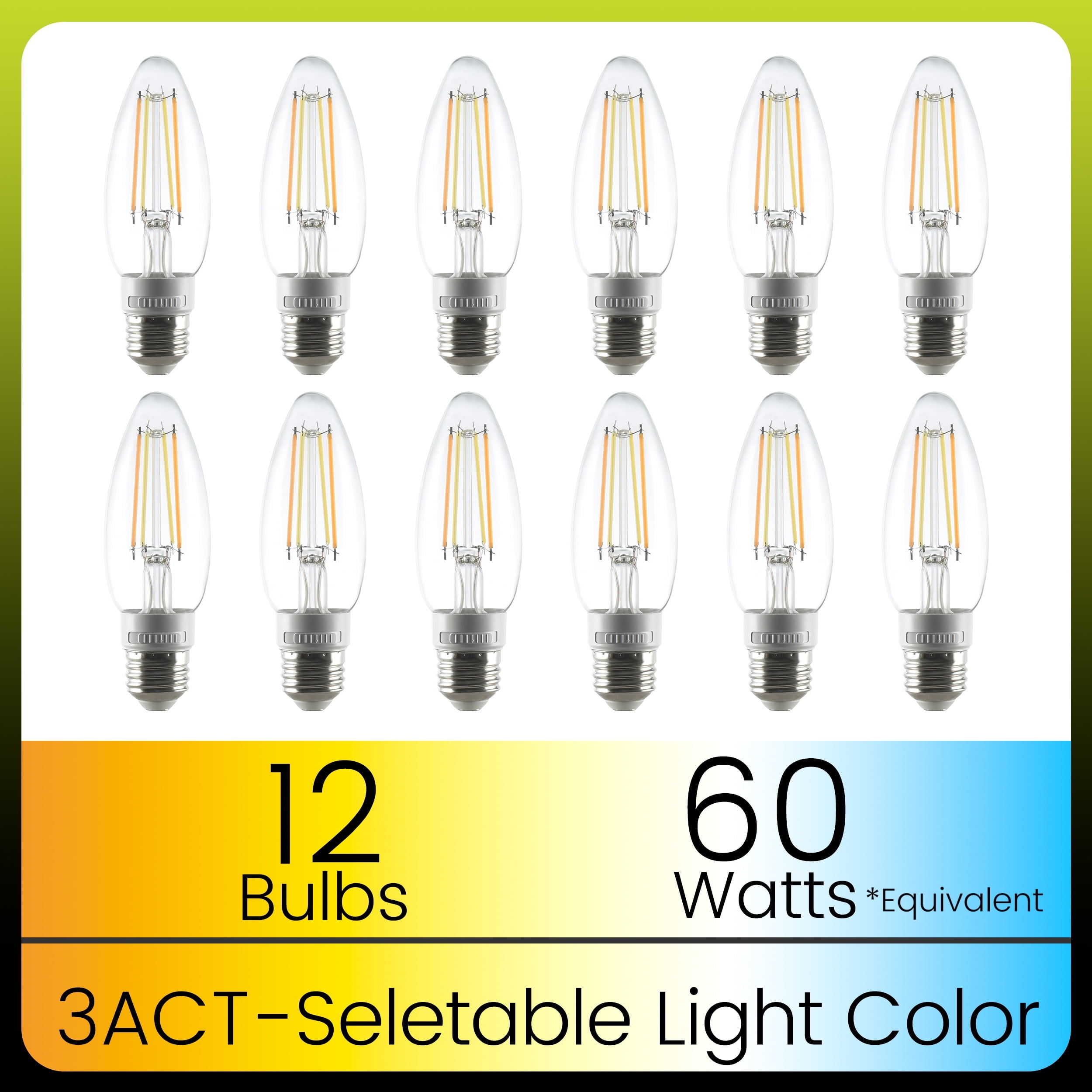 Green Watt 3-CCT B11 LED Bulbs, 4.5-Watt (60W Equivalent) E26 Medium Base, Dimmable (12-Pack)