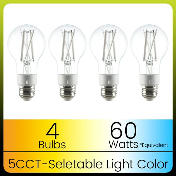 Green Watt 5-CCT White Filament A19 LED Bulbs, 7-Watt (60W Equivalent) E26 Medium Base, Dimmable (4-Pack)