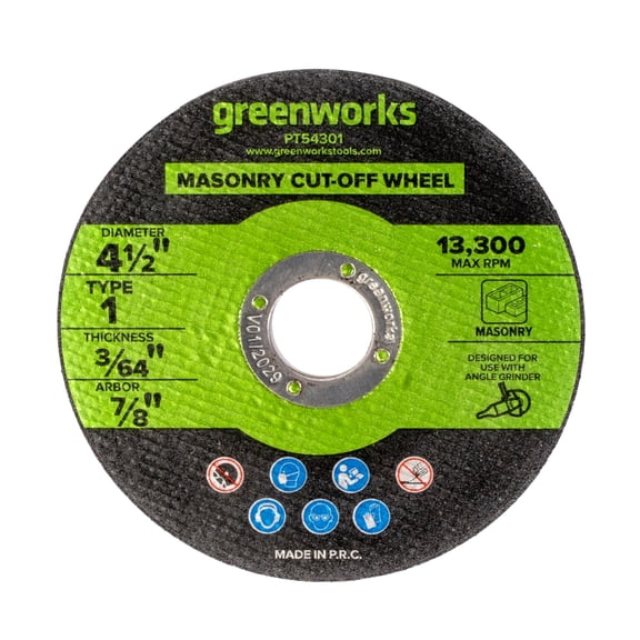Greenworks 4-1/2" Masonry Cut-Off Wheel, Type 1, for Use With Angle Grinder