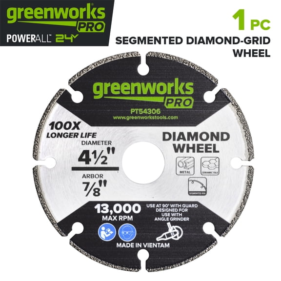 Greenworks Pro 4-1/2" Segmented Diamond-Grit Wheel, for Cutting Metal or Ceramic Tile, for Use with Angle Grinder