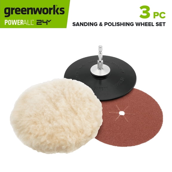 Greenworks 3-Piece 5" Sanding and Polishing Wheel Set with Buffing Bonnet, P80 Sandpaper, Backer Pad, Used with Impact or Drill Drivers