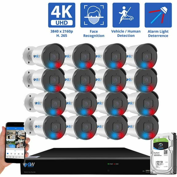 GW Security 16 Channel 12MP NVR 4K Full-Time Color Night Vision Blue&Red Alarm Lights PoE Security Camera System with (16) 8MP Two-Way Audio Outdoor Bullet Cameras, AI Human & Cars Detection, 4TB HDD