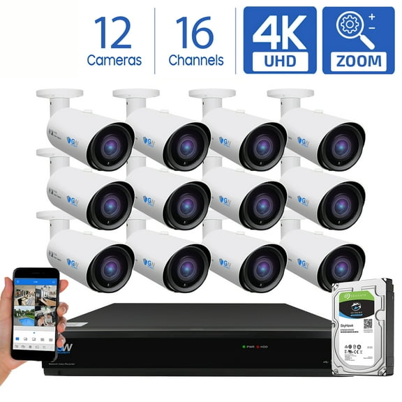 GW Security 16 Channel 4K H.265 CCTV Security System with (12) x UHD 8MP Outdoor/Indoor 2.8-12mm Motorized Zoom 4K Bullet Security Camera and 4TB HDD, Night Vision, AI Human Detection, Remote Access