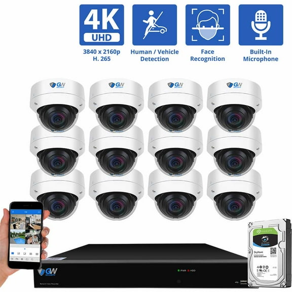 GW Security 16 Channel NVR UltraHD 4K Face/Human/Vehicle Detection PoE Security Camera System with 12 x 4K (8MP) IP Microphone AI Dome Camera, 100ft Night Vision, Outdoor/Indoor Surveillance Camera
