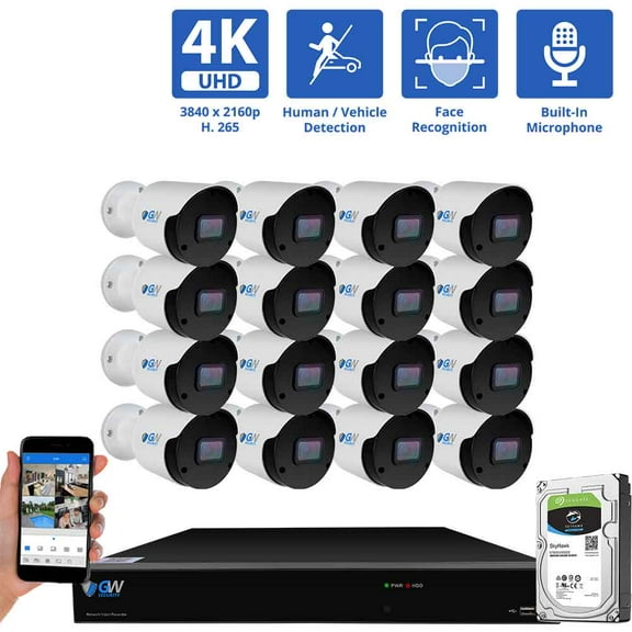 GW Security 16 Channel NVR UltraHD 4K Face/Human/Vehicle Detection PoE Security Camera System with 16 x 4K (8MP) IP Microphone AI Bullet Camera, 100ft Night Vision, Outdoor/Indoor Surveillance Camera