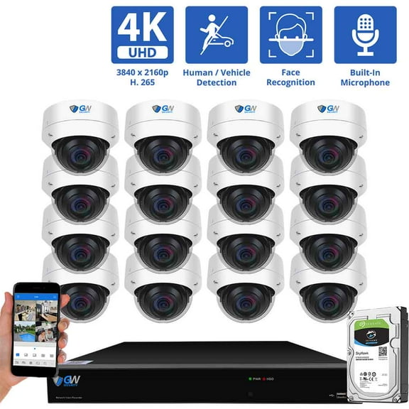 GW Security 16 Channel NVR UltraHD 4K Face/Human/Vehicle Detection PoE Security Camera System with 16 x 4K (8MP) IP Microphone AI Dome Camera, 100ft Night Vision, Outdoor/Indoor Surveillance Camera