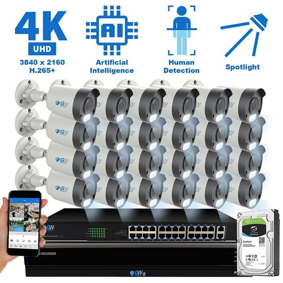 GW Security 32 Channel NVR 8MP Color Night Vision Security Camera System - 24 x UltraHD 4K Human Detection Microphone PoE IP Bullet Camera, 15 Smart AI Functions